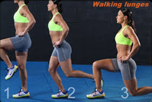 Hands on hips, walking lunges